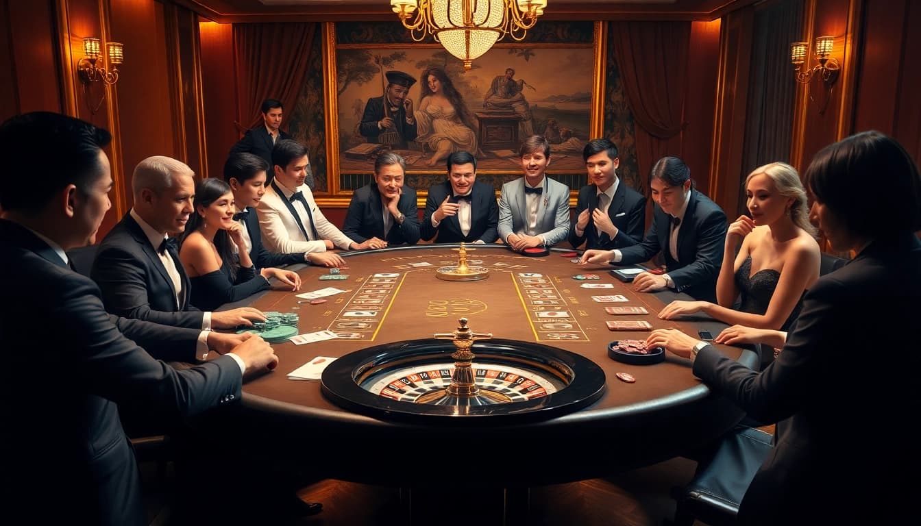 Engage in exciting gameplay at the SKY88 casino table surrounded by vibrant casino elements.