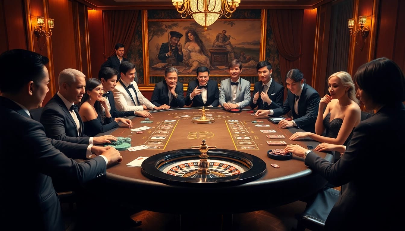 Engage in exciting gameplay at the SKY88 casino table surrounded by vibrant casino elements.