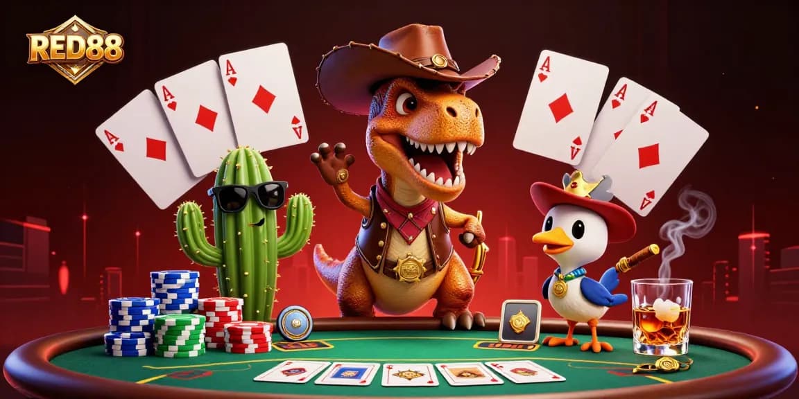 Engage with the vibrant RED88 scene featuring animated characters and a lively poker game atmosphere.