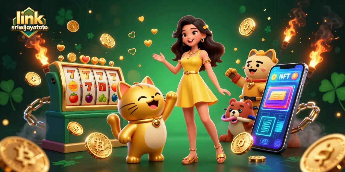 Engage in thrilling gaming action with link sriwijayatoto, featuring vibrant symbols, a cheerful character, and rich casino elements.