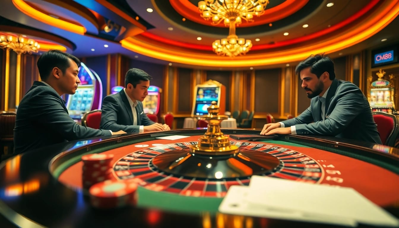 Engaging casino scene with players at a roulette table and CM88 branding enhancing the gambling atmosphere.