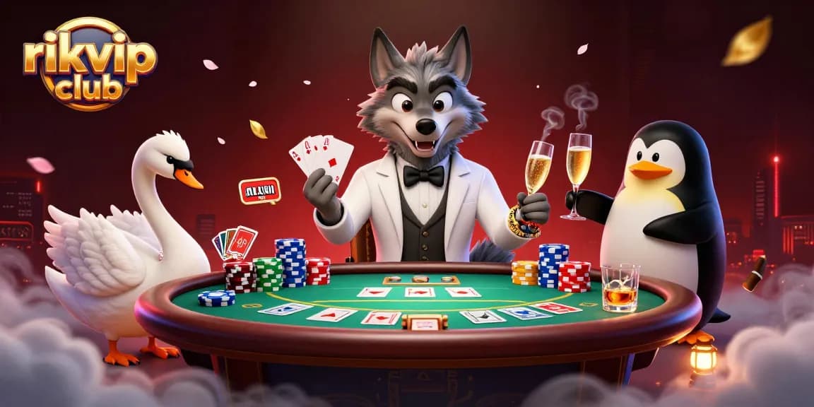 Engage in thrilling game strategies at rikvip club with a lavish baccarat scene featuring unique characters.