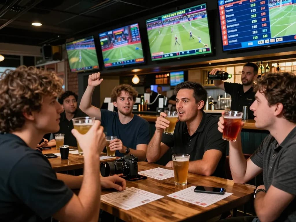 Nohu sports betting excitement at a lively bar with patrons placing bets