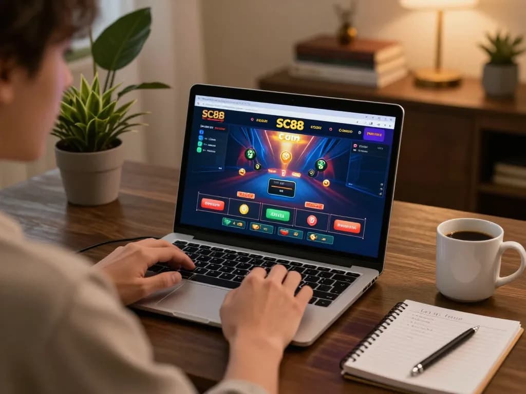 Player engaging with SC88 Com online casino on a laptop in stylish, cozy home environment
