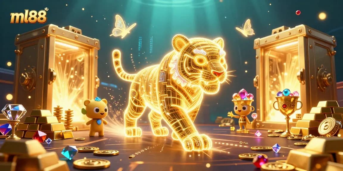 Play exciting casino games with the energetic ml88 golden tiger amidst treasures and holographic butterflies.