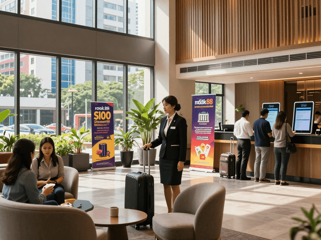 rokok88 slot promotional banners in a vibrant hotel lobby atmosphere