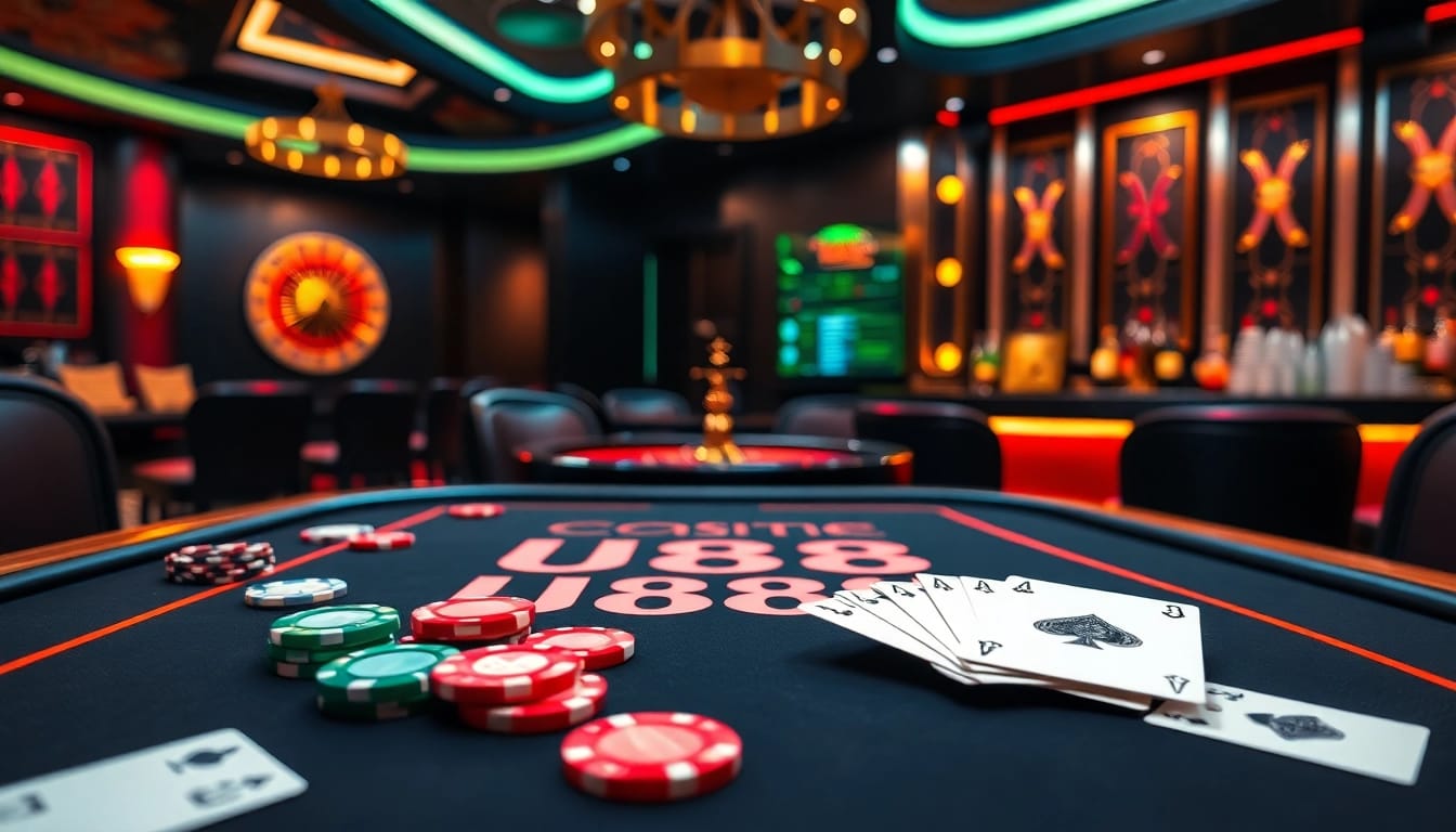 U888 featuring vibrant casino gaming elements with rich colors and a luxurious atmosphere.