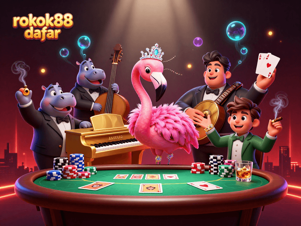 Experience the excitement of rokok88 daftar with a vibrant casino scene featuring colorful poker elements and dynamic characters.