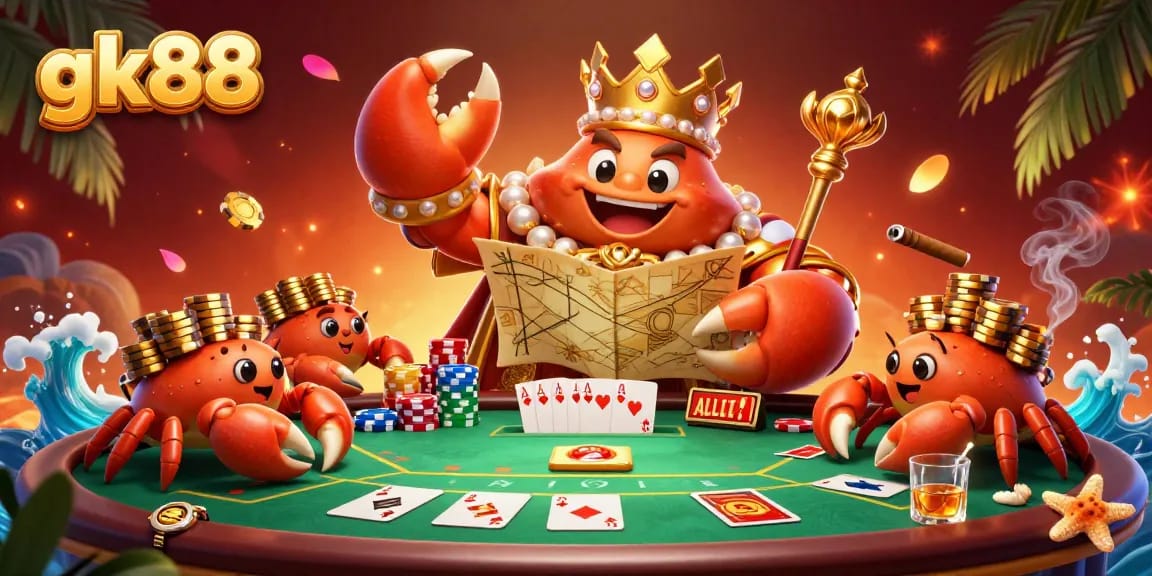 Experience exciting gaming action at gk88 with a vibrant scene featuring a golden crab emperor and poker elements.
