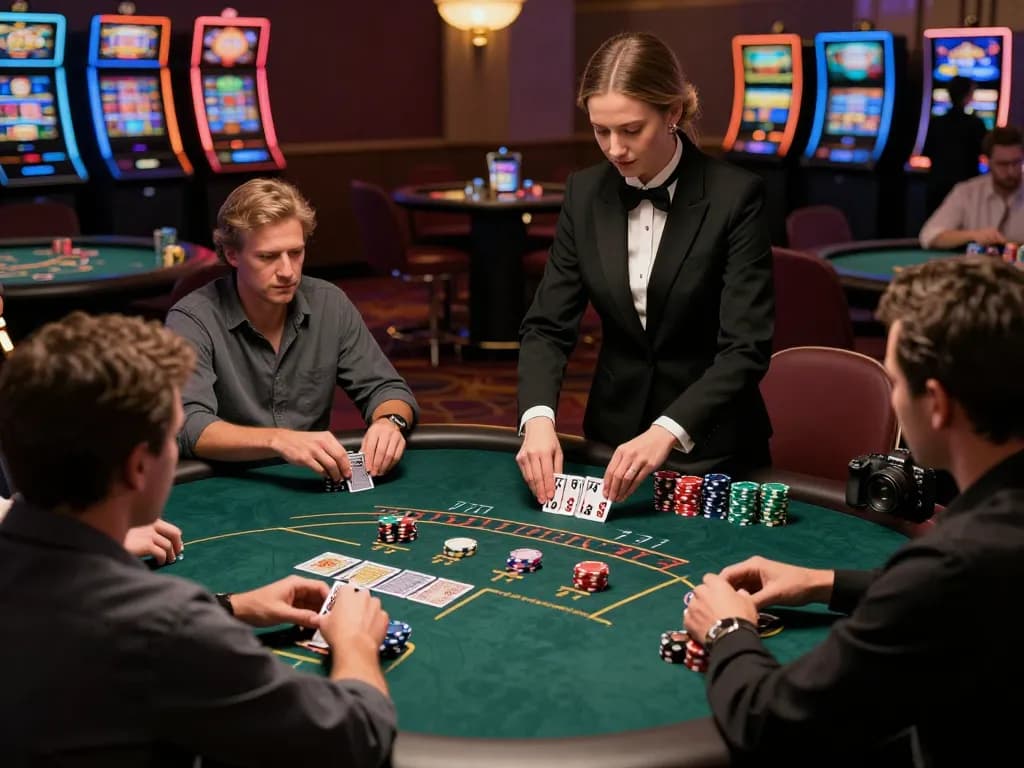 MAX88 players strategizing at a blackjack table, high-stakes action in an elegant casino.
