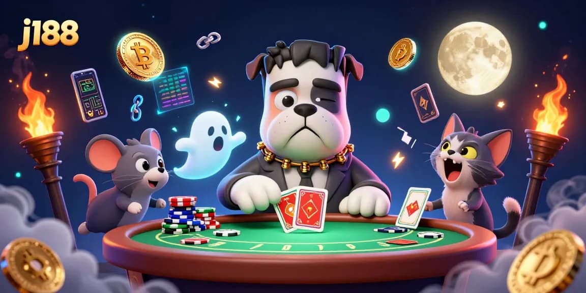 Play poker at j188 with the Frankenstein bulldog and ghost mouse surrounded by crypto coins.