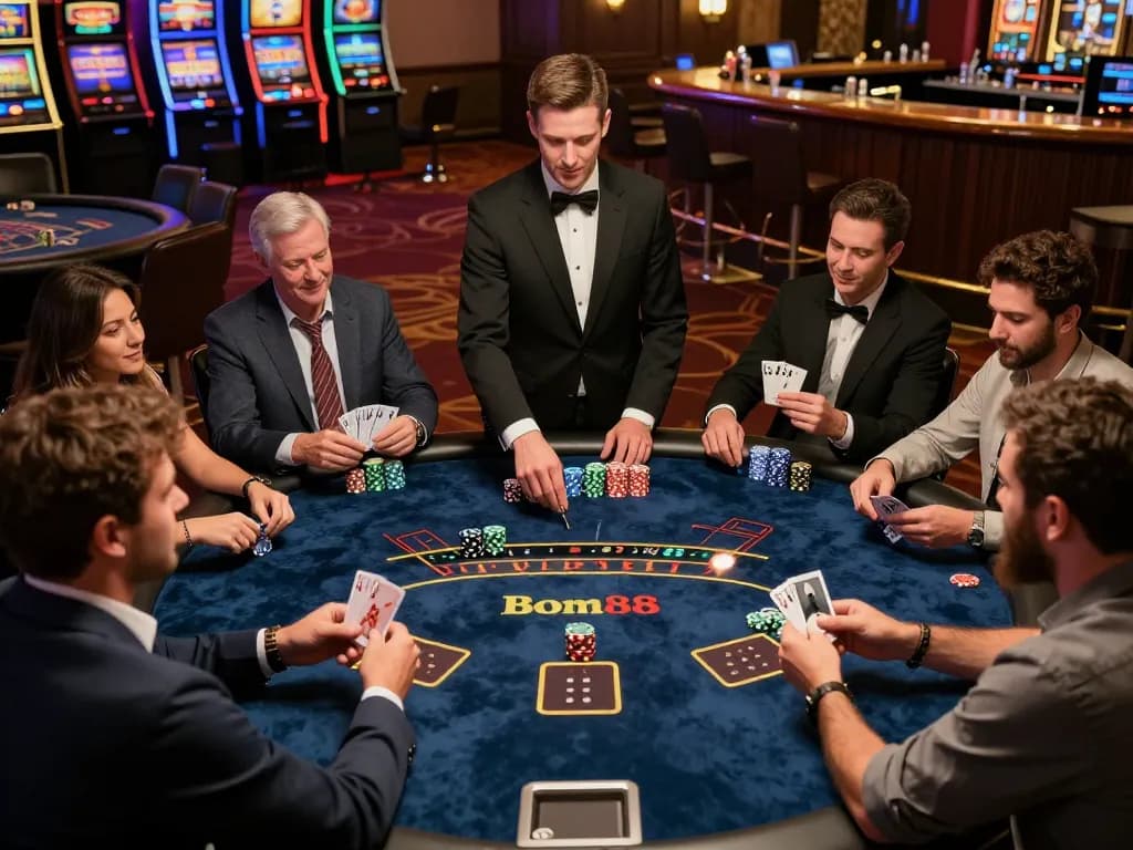 Players engaging in an exciting blackjack game at Bom88 casino, showcasing strategic betting decisions and lively interactions.