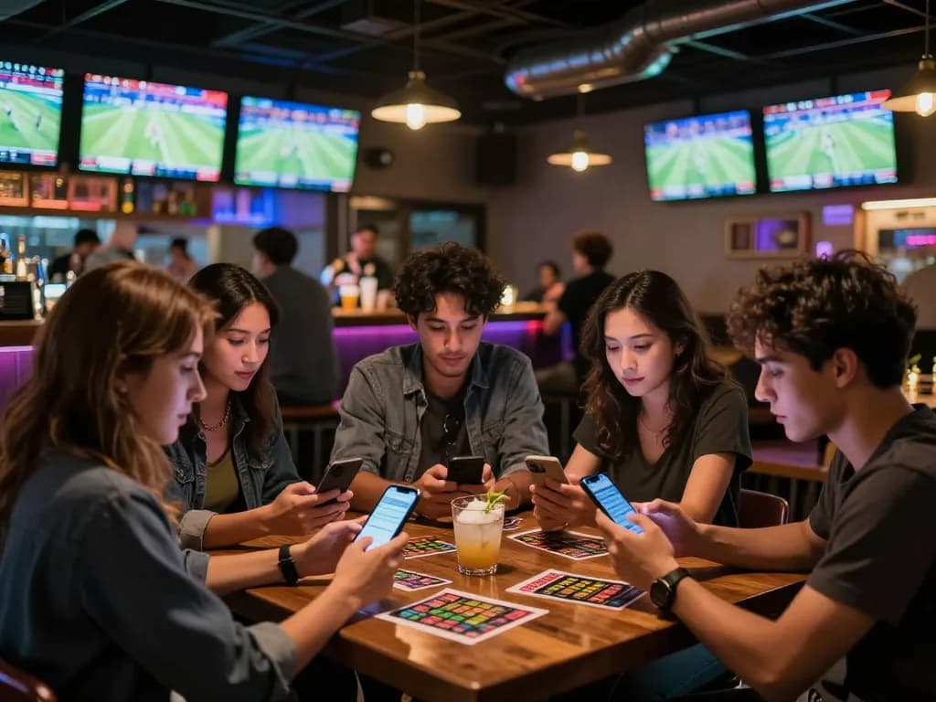 Group of friends enjoying sports betting excitement at the bar, checking odds for keonhacai 88 while celebrating.