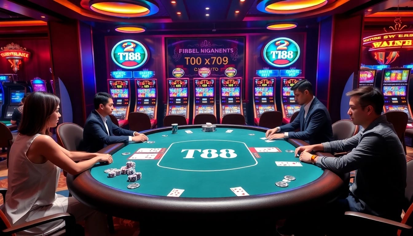 TT88 poker game with engaged players and vibrant slot machines in a luxurious casino setting.