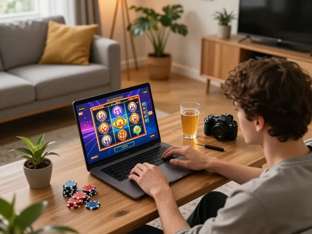 Engaging in online gaming with VIN88 on a laptop, showcasing a relaxed home atmosphere, strategic play environment.
