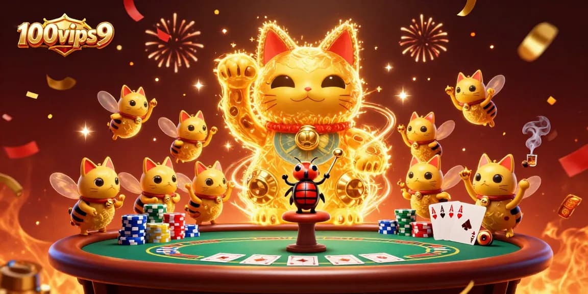 Engage with 100vips9's vibrant casino experience featuring a lucky cat amidst poker exhilaration.