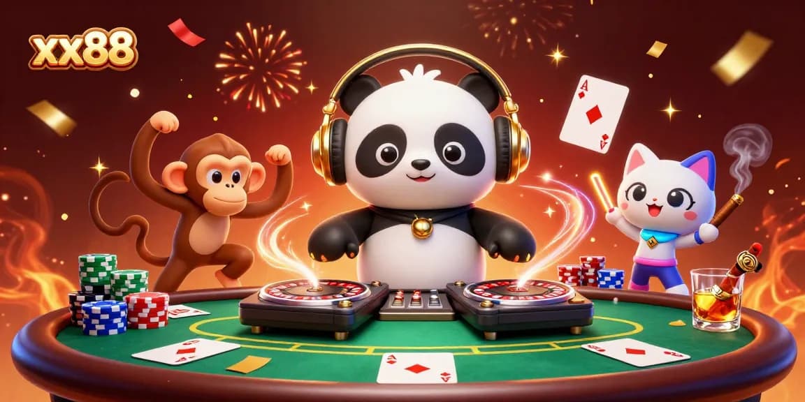 Get ready to win on xx88 as a DJ panda spins and party unfolds in a vibrant casino scene!