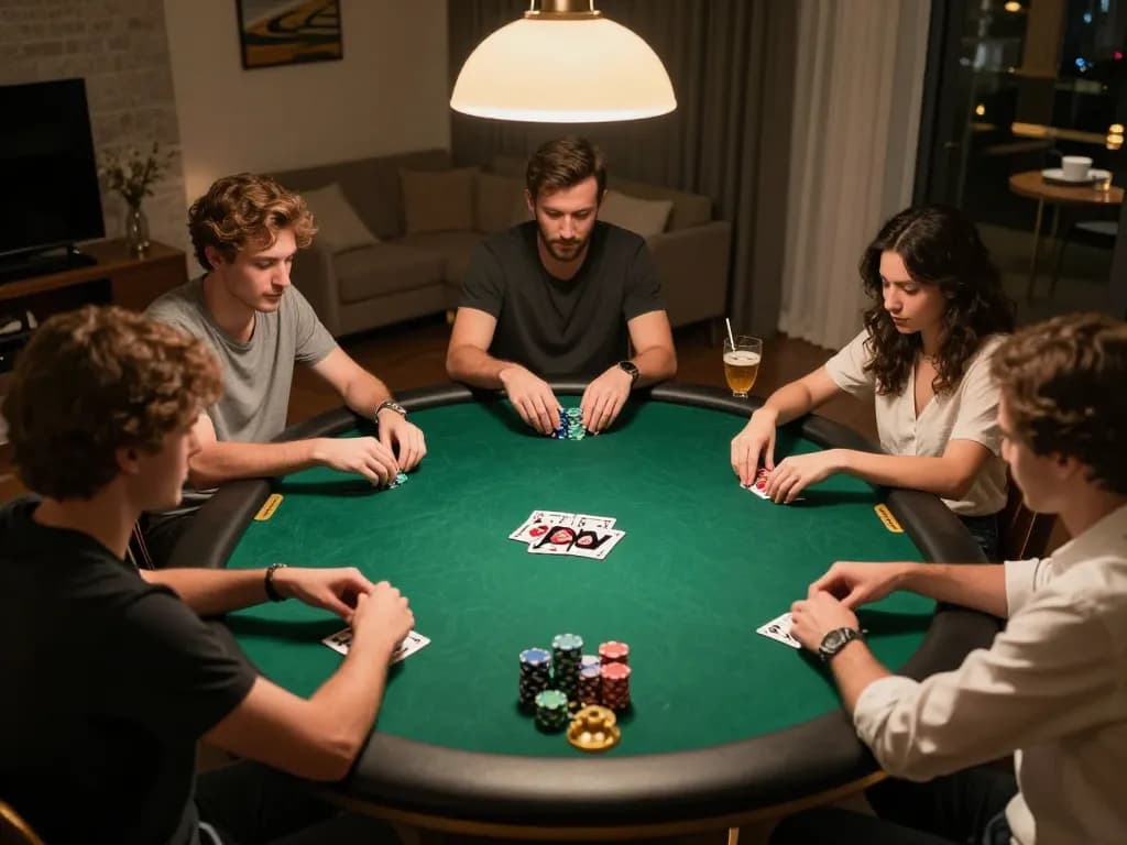 Players engaging in a home poker game, highlighting strategic excitement with RR88 gameplay.
