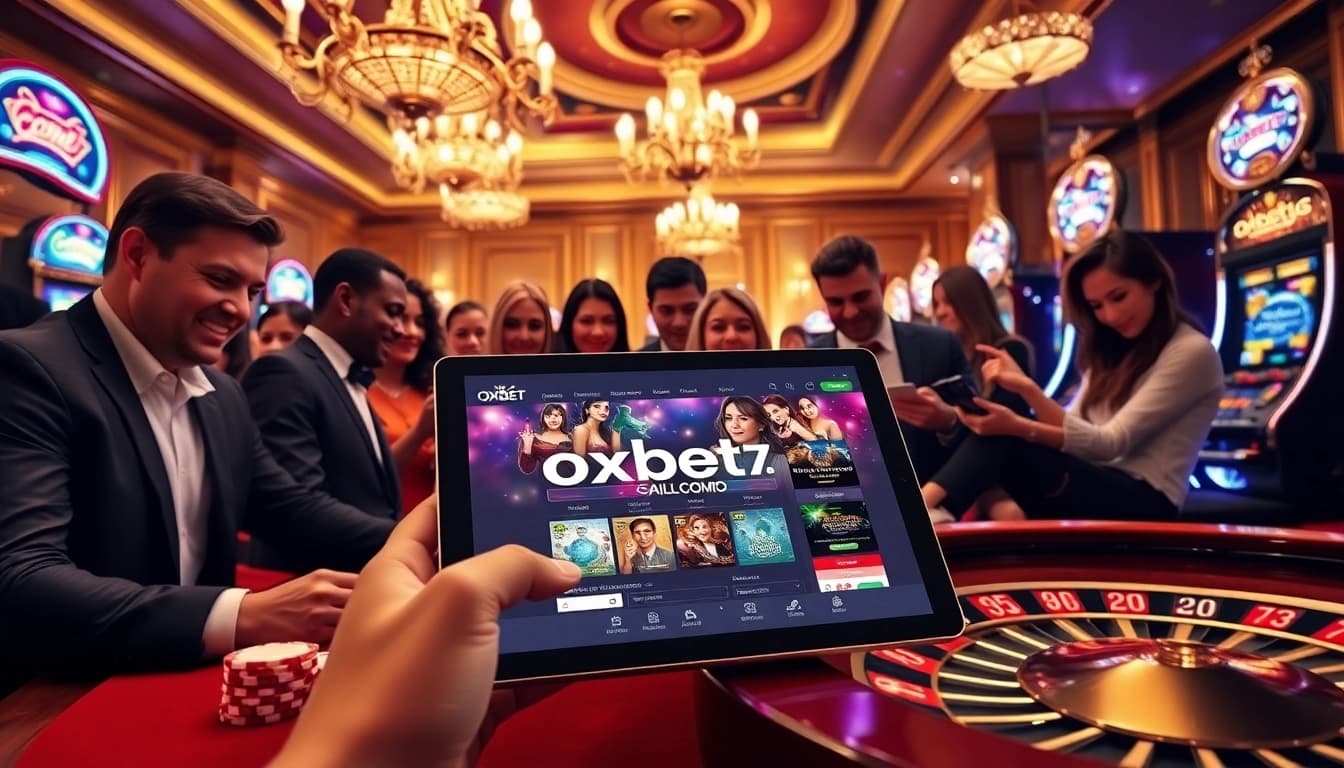 Experience the excitement of gaming at oxbet7.com with lively casino visuals featuring poker chips and a roulette wheel.