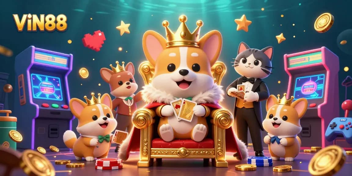 Join the royal fun at VIN88, where corgis and games come alive in a vibrant casino setting!