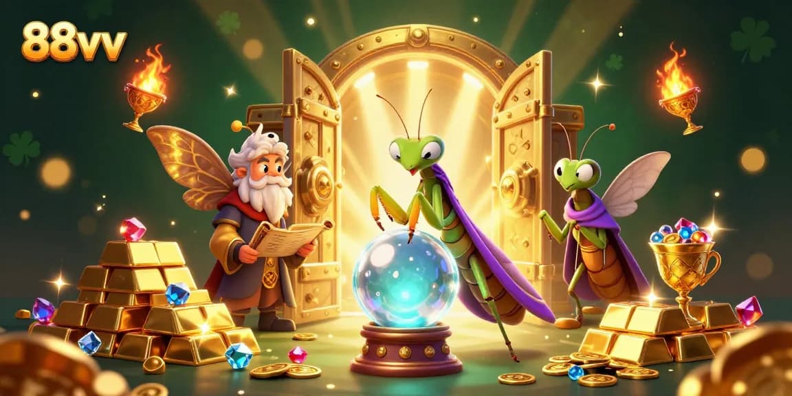 Engage in thrilling 88vv gambling with a vibrant 3D cartoon illustration showcasing fortune tellers and treasures.