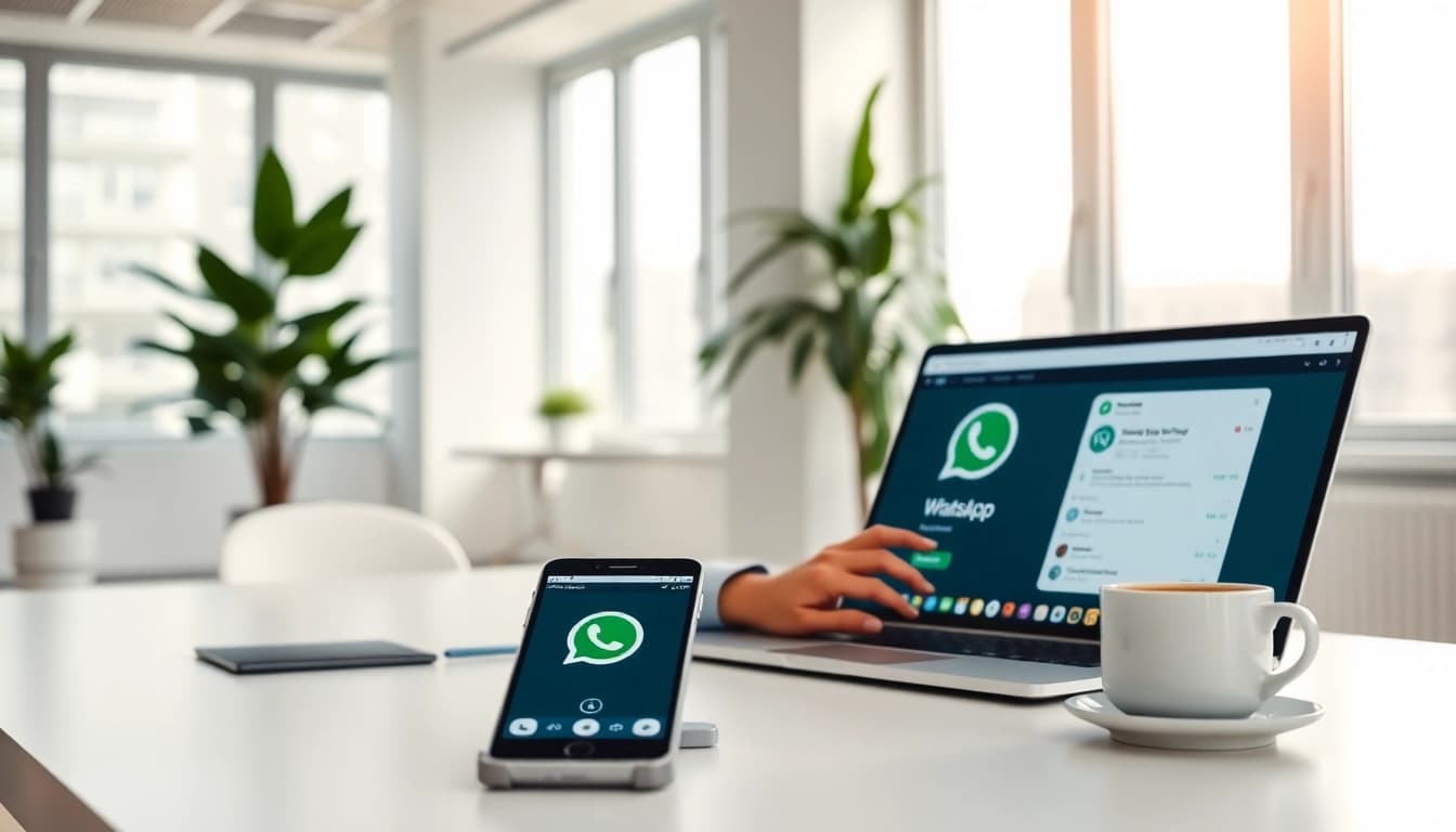 在明亮的办公室环境中,使用笔记本电脑体验 whatsapp网页版在线登录。