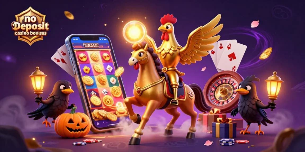 No deposit casino bonuses illustration showcasing a golden rooster and spectral horse with gaming elements.