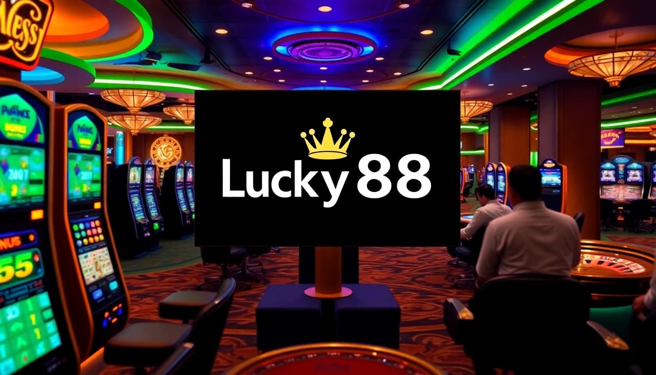 Engaging scene of Lucky88 online casino showcasing vibrant slot machines and poker tables.
