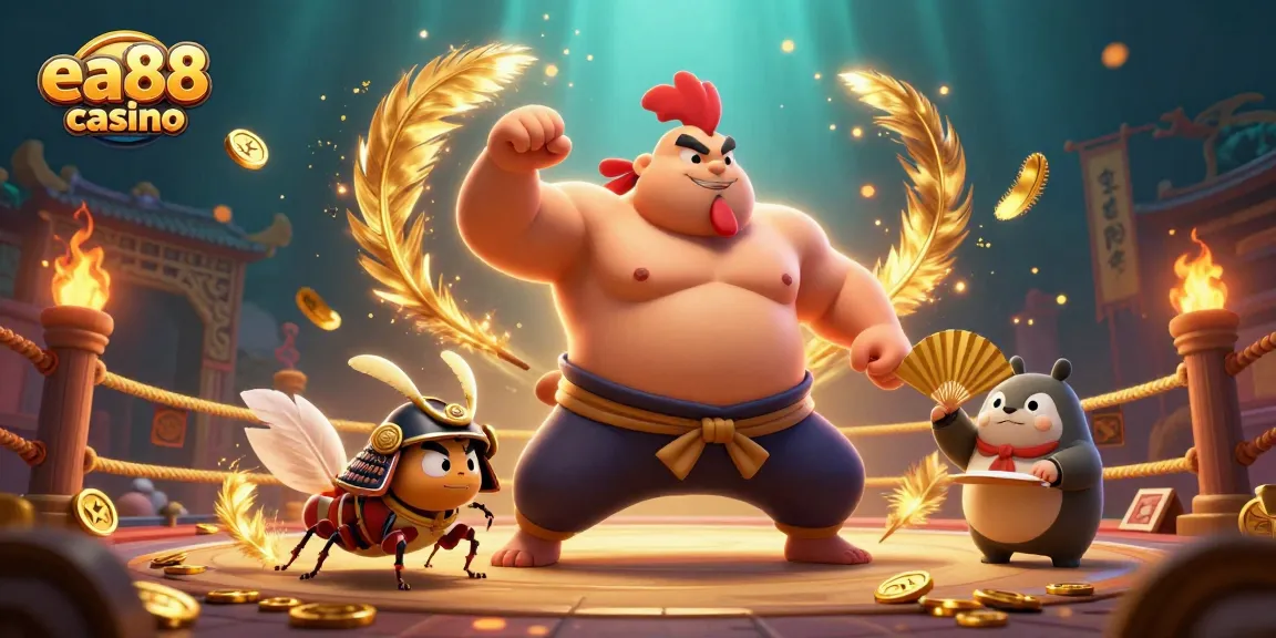Experience vibrant action at ea88 casino with a dynamic sumo rooster and samurai cricket in an exhilarating betting arena.