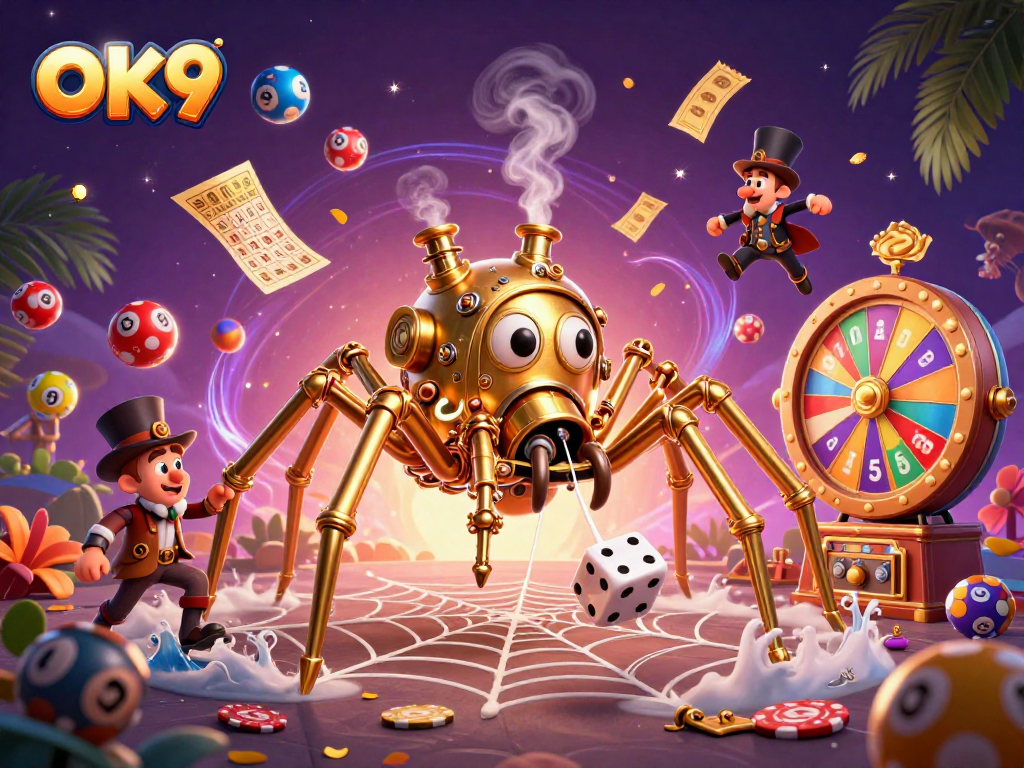 Experience thrilling gameplay at OK9 with a steampunk spider and Victorian fly in a dynamic casino scene.