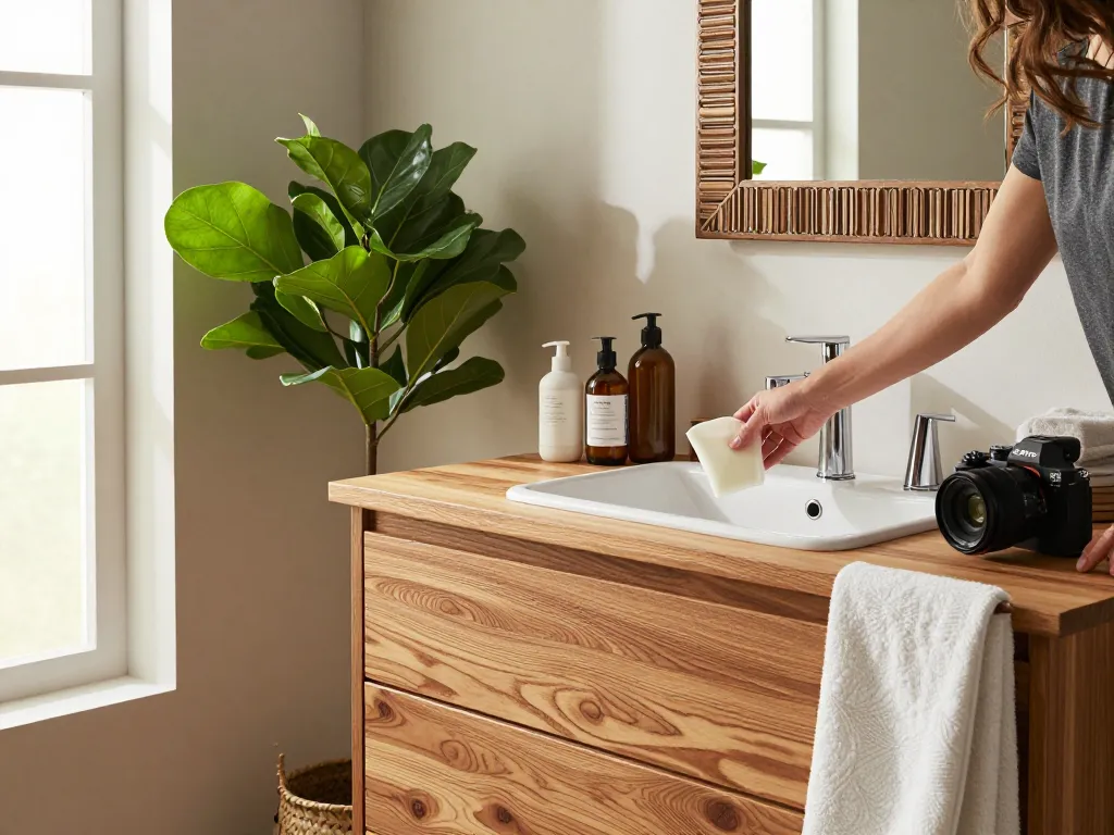 Stijlvol eiken bathroommeubel in een elegante badkameromgeving, dat warmte en functionaliteit toont.