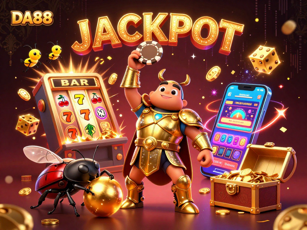 Experience the thrill at DA88 with vibrant 3D casino characters celebrating a jackpot.