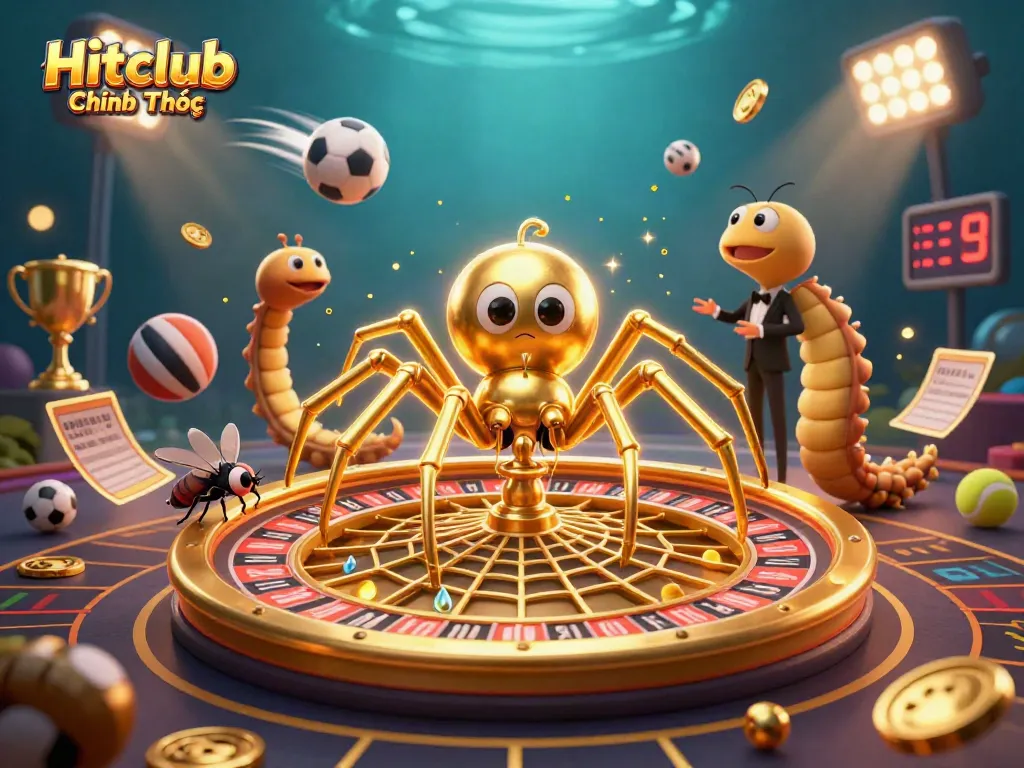 Engage with Hitclub Chính Thức as the golden spider spins a roulette wheel web within a vibrant casino scene.