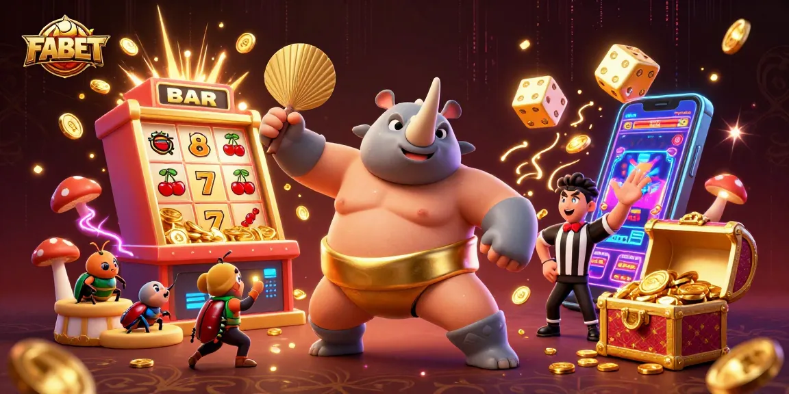 FABET casino excitement with a beetle champion celebrating and coins flying around in a vibrant 3D illustration