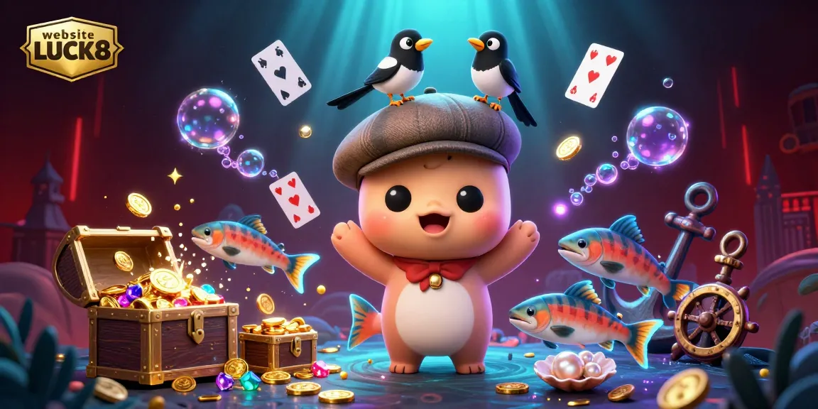Play and win at website LUCK8 with a vibrant underwater scene filled with gold coins and playful characters.
