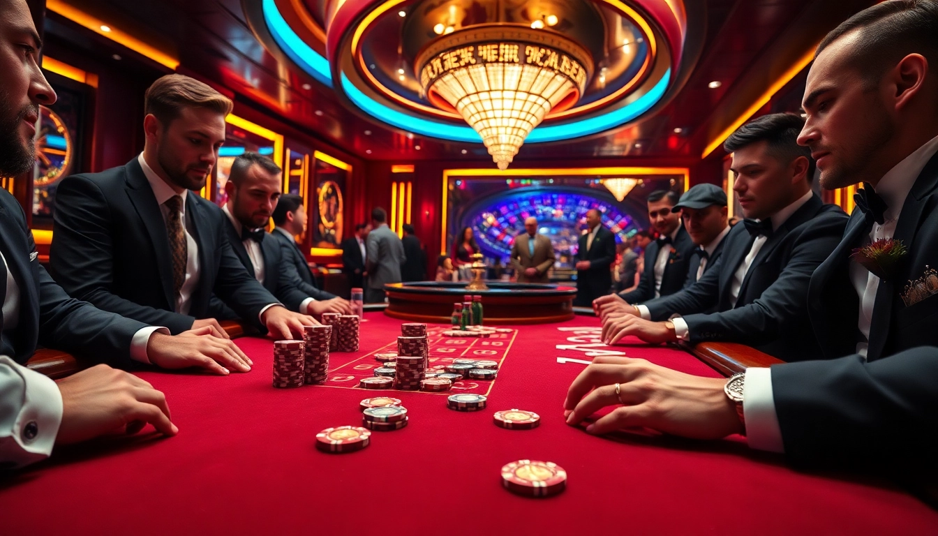 Men engaged in intense poker action at the man club, highlighting the excitement of gambling.
