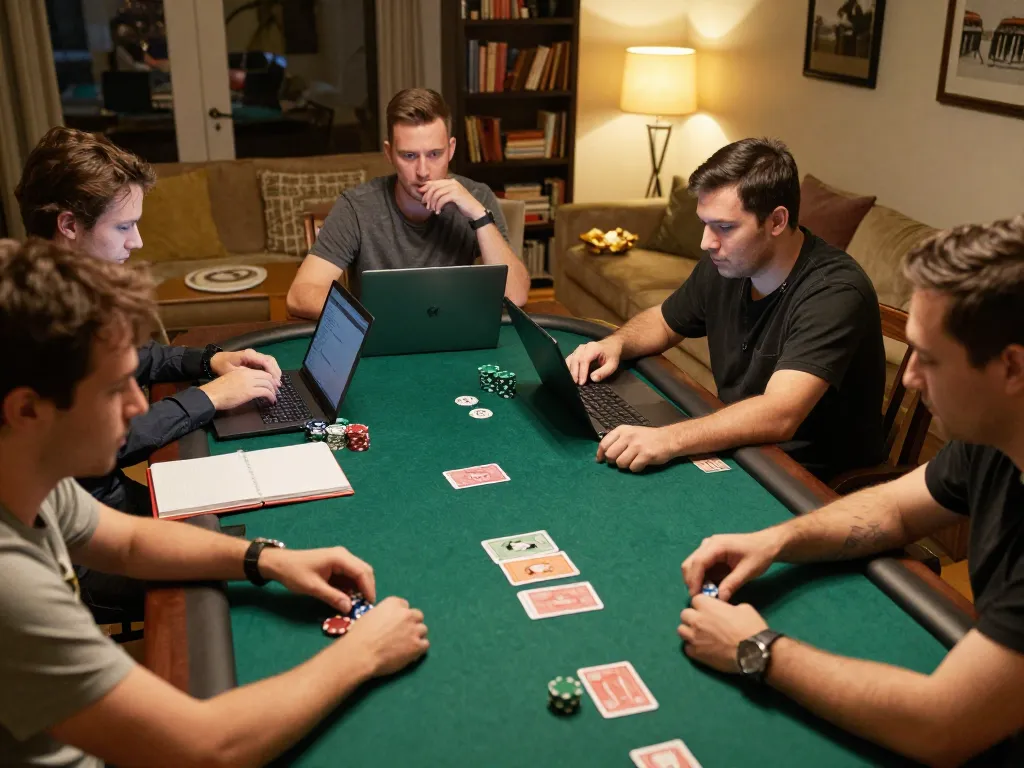 Players engaging in an exciting tg88 online poker game at home with cards and chips on the table.