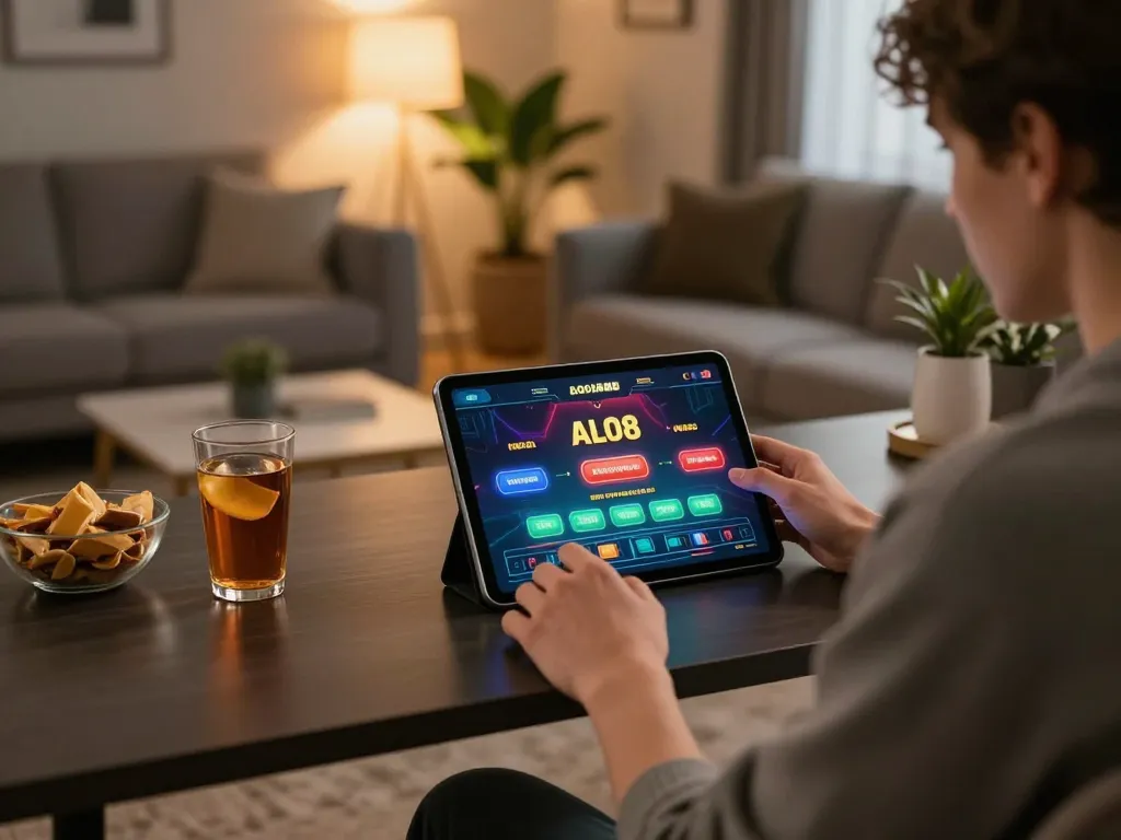 Engaging with ALO8 casino app in a cozy home setting, showcasing responsible online gaming.