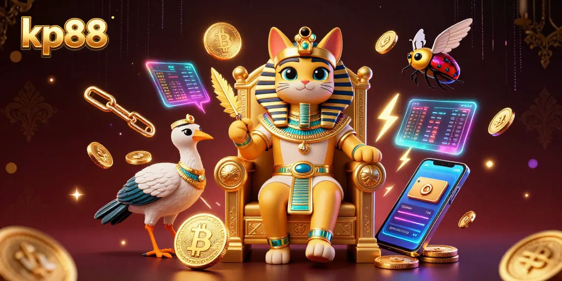 Bet on kp88 with a vibrant 3D illustration of gaming elements and a royal Egyptian cat.