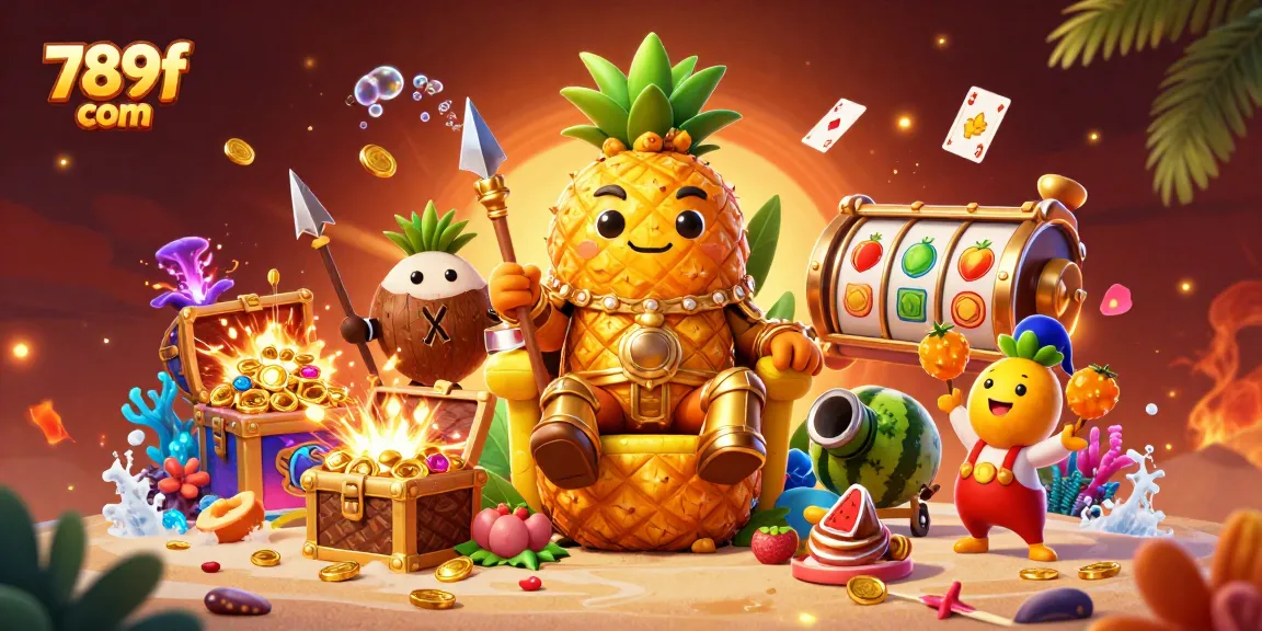 Engage with the vibrant 789f com gaming scene featuring a golden pineapple king and lively casino elements.