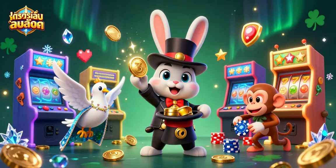 Engage in ทดลองเล่นสล็อต with a magical scene showcasing a magician rabbit, dove, and monkey amid casino elements.