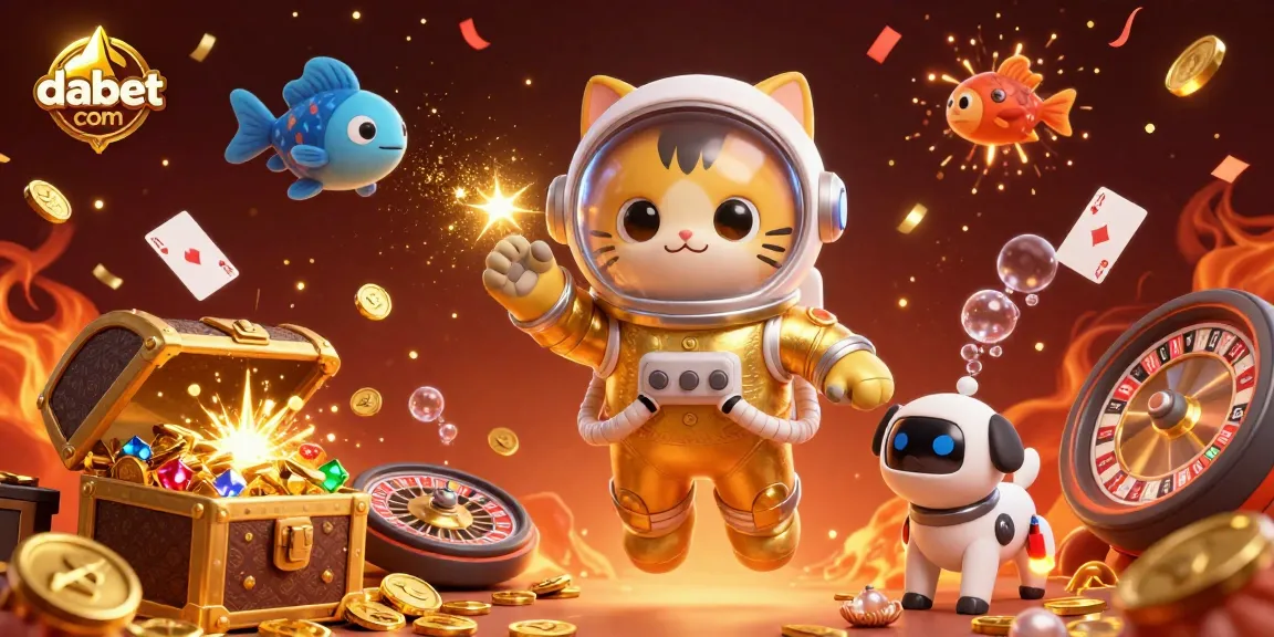 Experience excitement at dabet com with a vibrant illustration featuring a space cat, robot dog, and casino-themed elements.