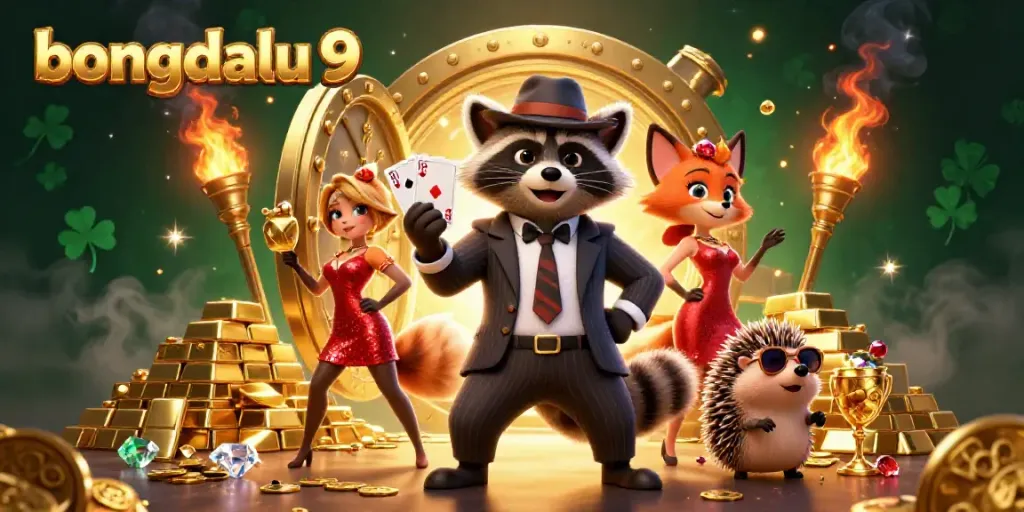 Bongdalu 9 features a cartoon raccoon with a royal flush, surrounded by a treasure vault and sparkling gems.