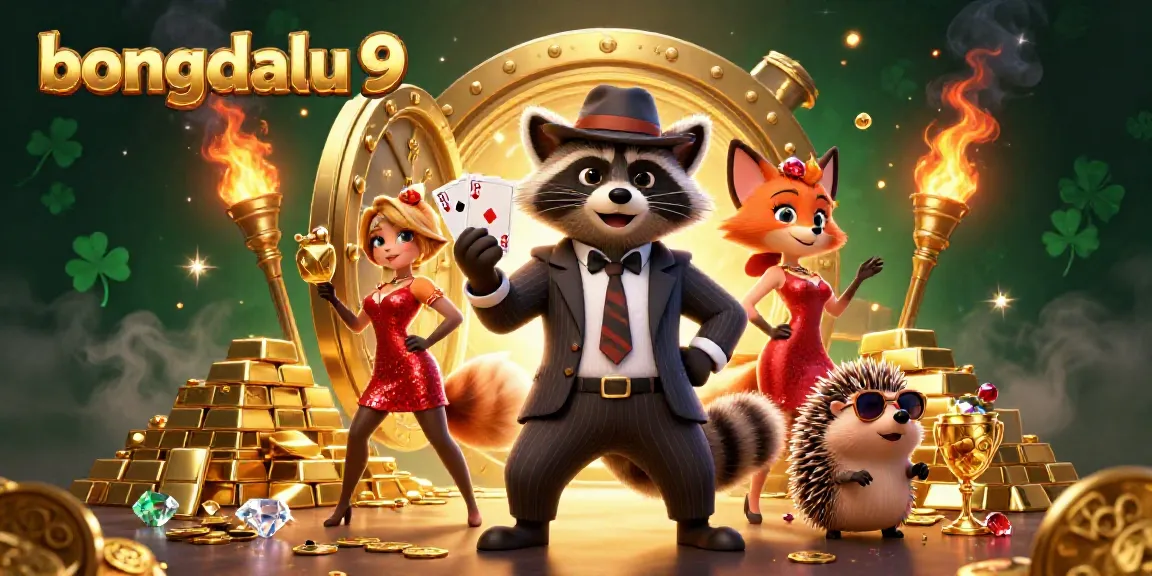 Bongdalu 9 features a cartoon raccoon with a royal flush, surrounded by a treasure vault and sparkling gems.
