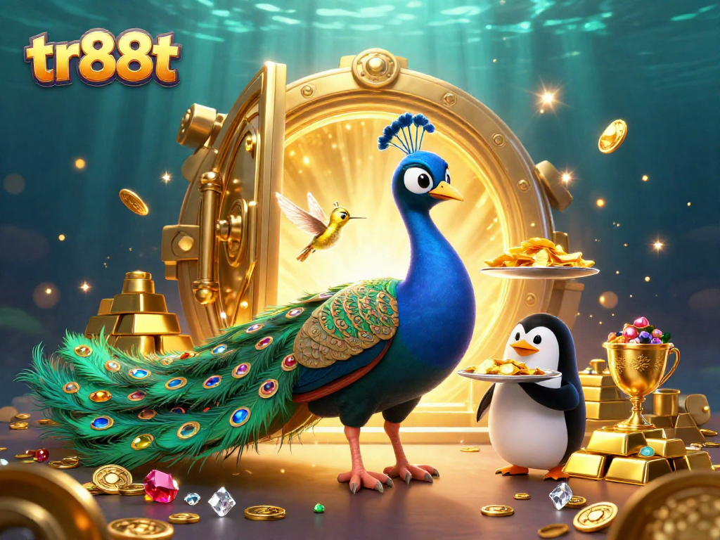 Experience exciting gameplay at tr88t with a 3D cartoon peacock and vibrant casino elements.