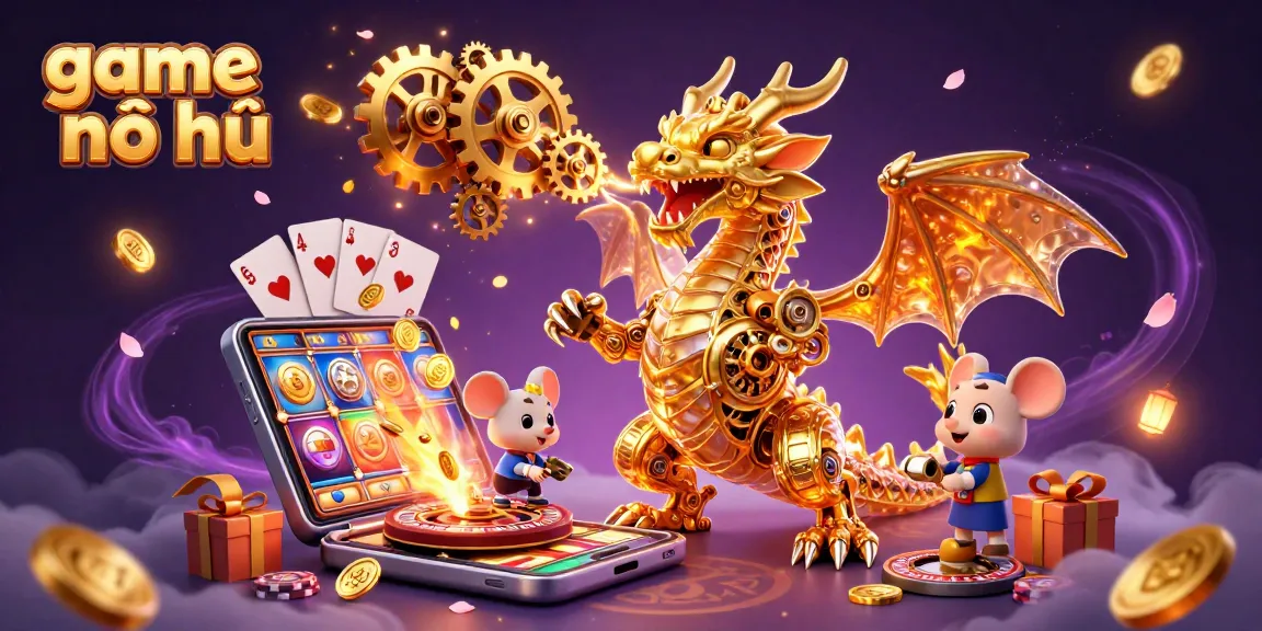 Experience the excitement of game nổ hũ with a golden dragon and slot elements in a vibrant casino setting.