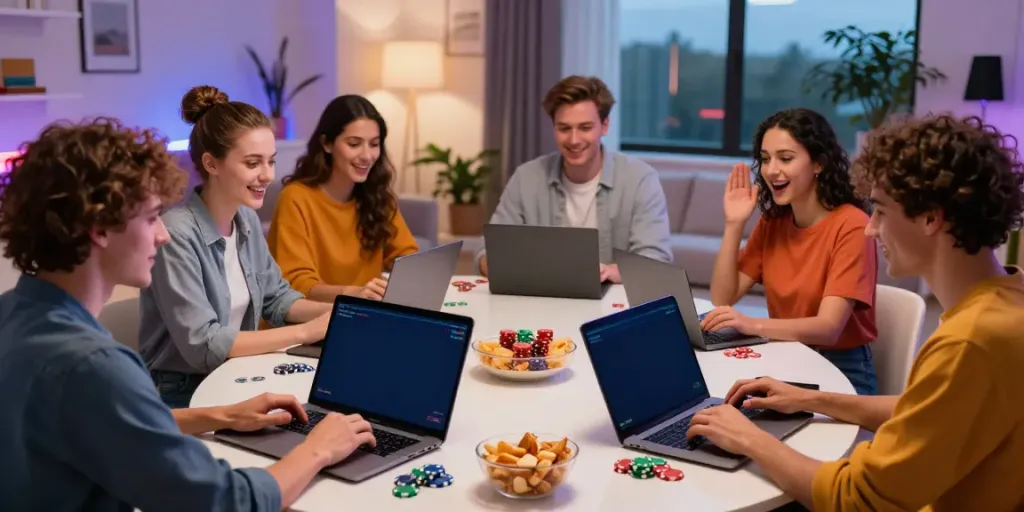Friends enjoying live casino games at home via five88 platform during an online gaming session.