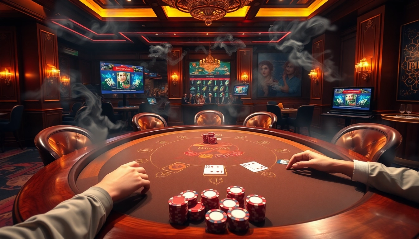 Image depicting the excitement of gambling at win678.com, showcasing a luxurious poker table with professional dealers in an elegant casino environment.