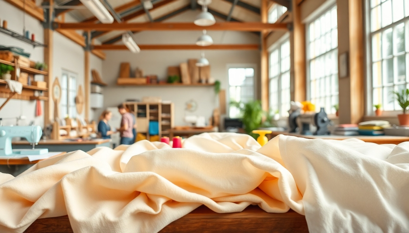 100% katoen stoffen in een artistieke werkplaats met artisans en kleurrijke stoffen.