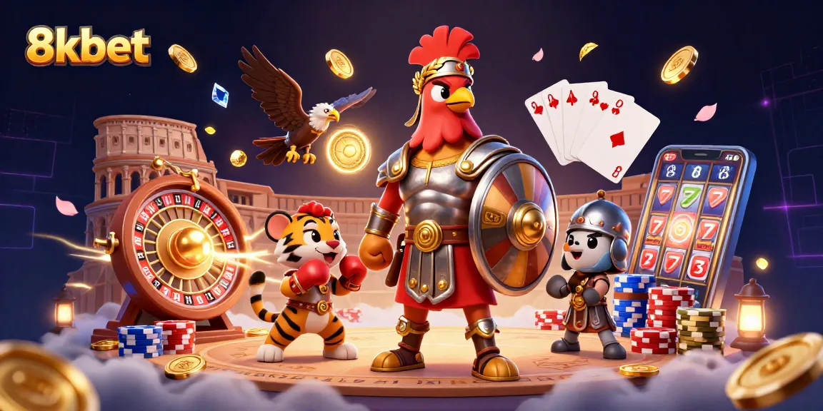 Engage with 8kbet's dynamic casino experience featuring a gladiator rooster, tiger cub, and eagle in an action-packed 3D illustration.